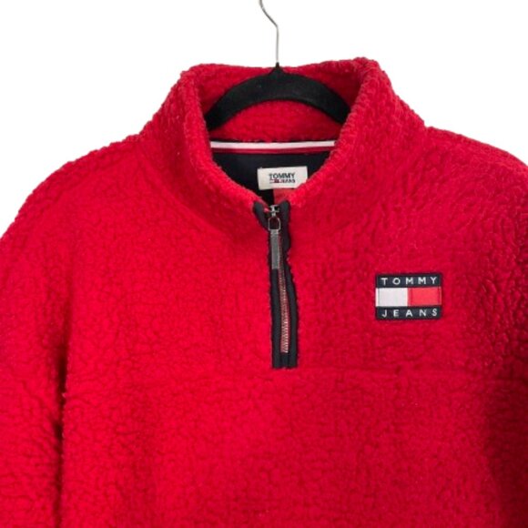 Tommy Hilfiger Quarter Zip Cropped Soft Sherpa Sweatshirt Pullover Size L Red - Picture 3 of 8